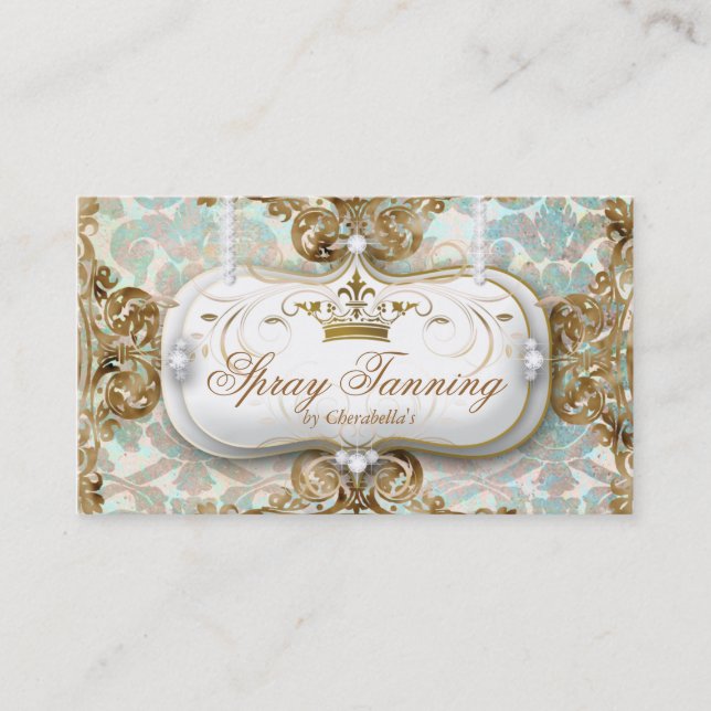 Spray Tan Elegant Crown Damask Jewelry Business Card (Front)