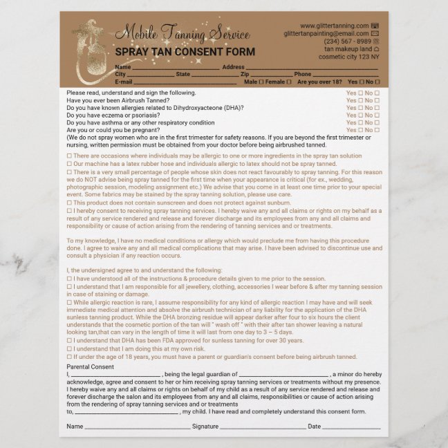 Spray Tan Liability Consent Waiver Form Flyer