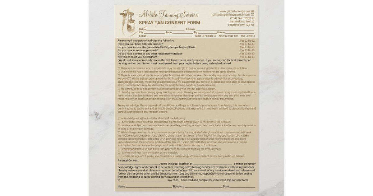 Spray Tan Liability Waiver Form Beige Flyer Zazzle 5141