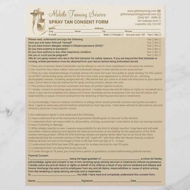 Spray Tan Liability Waiver Form Beige Flyer (Front)