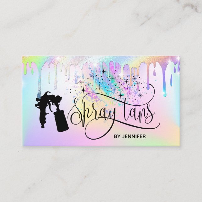 Spray tan unicorn holograph rainbow glitter drips business card (Front)