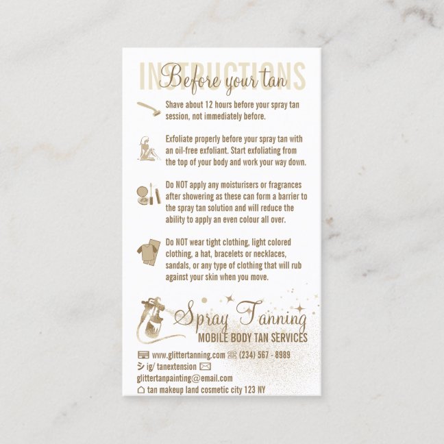 Spray Tanning Before After Care Guide Instruction Business Card