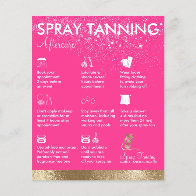 Spray Tanning Neon Pink Body Paint Aftercare Flyer (Back)