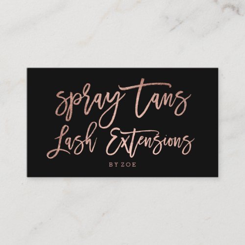 Spray tans logo lashes rose gold typography black business card