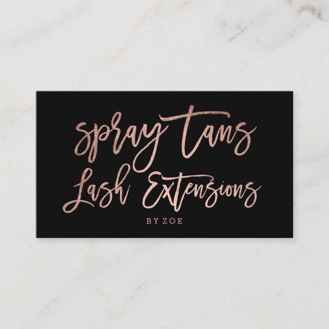 Spray tans logo lashes rose gold typography black business card (Front)