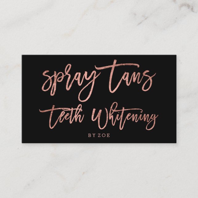 Spray tans logo teeth rose gold typography black business card (Front)