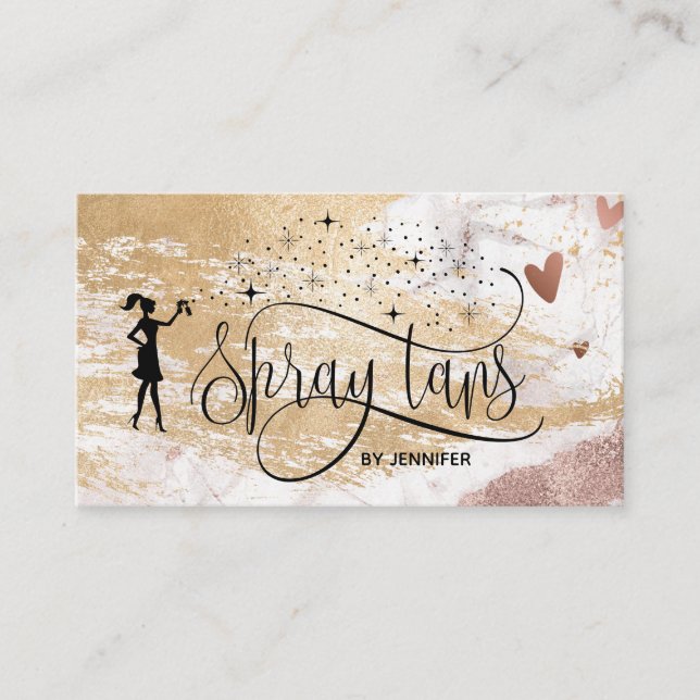 Spray tans script gold glitter brush stroke hearts business card (Front)