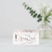 Spray tans script rose gold glitter confetti business card (Standing Front)