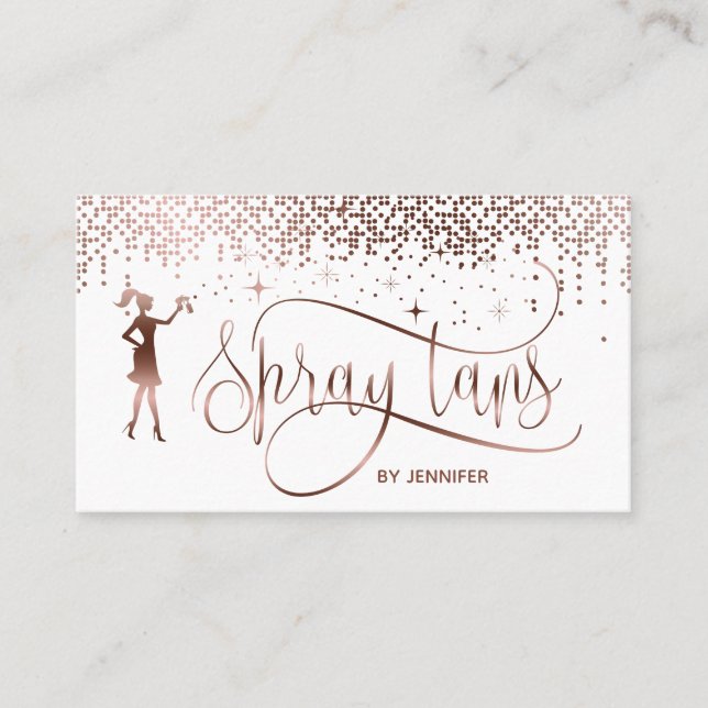 Spray tans script rose gold glitter confetti business card (Front)