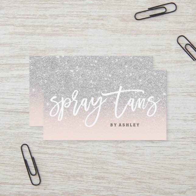 Spray tans typography silver glitter blush pink business card (Front/Back In Situ)