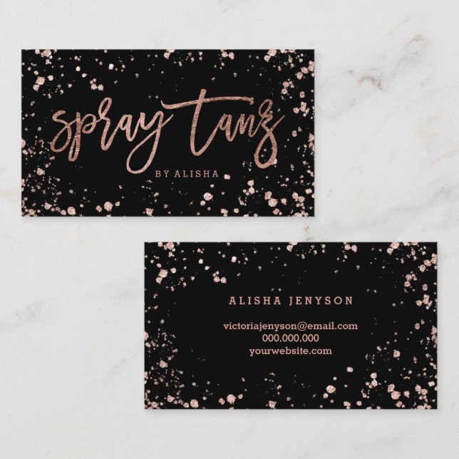 Spray tanz script rose gold confetti splatters business card (Front/Back)