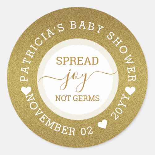Spread Joy Hand Sanitizer Gold Glitter Baby Shower Classic Round Sticker