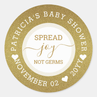 Spread Joy Hand Sanitizer Gold Glitter Baby Shower Classic Round Sticker