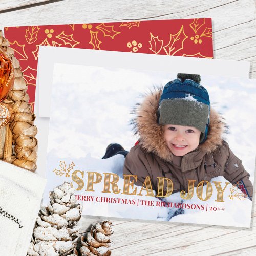 Spread Joy Holly Red and Gold Full Bleed Photo Holiday Card