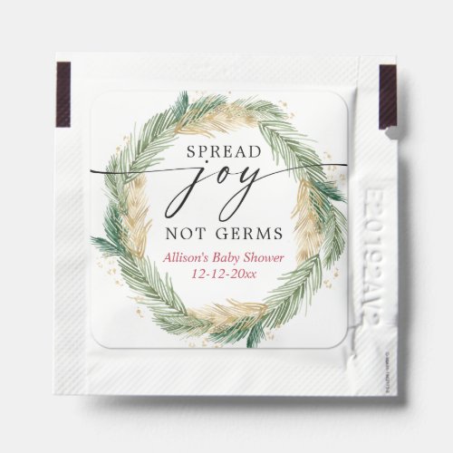 Spread joy not germs greenery gold wreath favors hand sanitizer packet