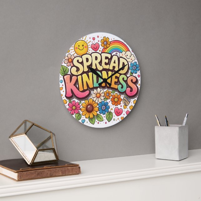 Spread Kindness – Cute Floral Rainbow Large Clock (Office)
