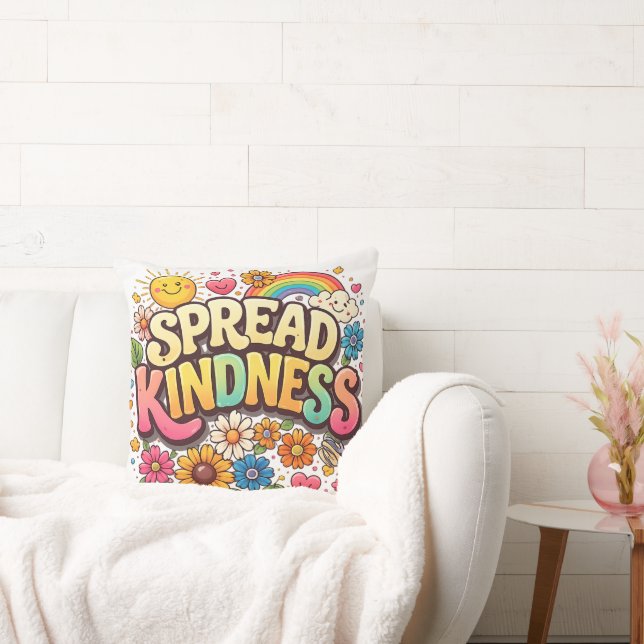 Spread Kindness – Cute Floral Rainbow  Throw Pillow (Couch)