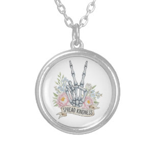 "Spread Kindness" Skeleton Peace Sign – Watercolor Silver Plated Necklace