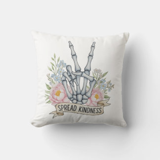 "Spread Kindness" Skeleton Peace Sign – Watercolor Throw Pillow
