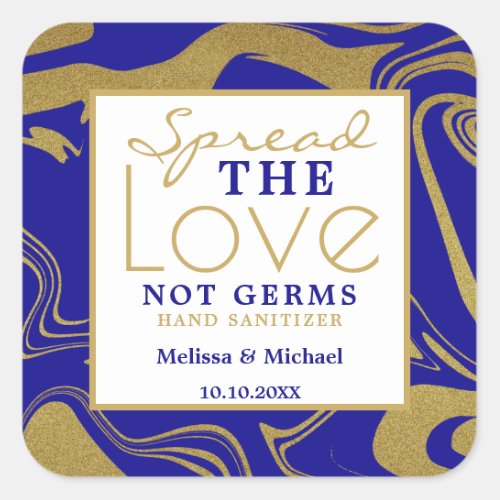 Spread Love Blue And Gold Wedding Hand Sanitizer Square Sticker