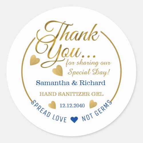 Spread Love Blue Gold Thank You Sanitizer Favor  Classic Round Sticker