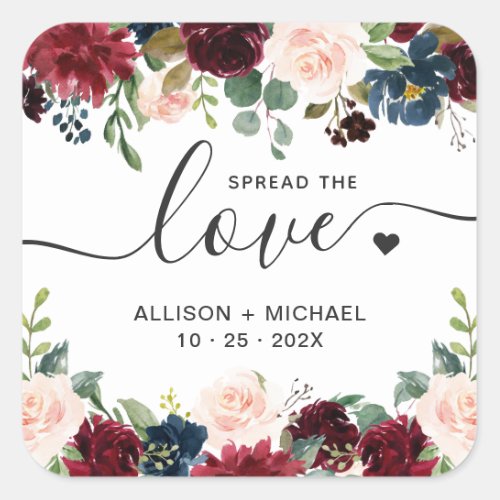Spread Love Burgundy Navy Floral Wedding Sanitizer Square Sticker