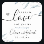 Spread Love Dusty Blue Greenery Wedding Favor Square Sticker<br><div class="desc">Modern watercolor dusty blue greenery foliage spread love not germs design with couple's names and date,  simple and elegant,  great wedding favors for rustic wedding,  spring wedding and summer wedding. 
See all the matching pieces in collection</div>