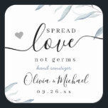 Spread Love Dusty Blue Greenery Wedding Favor Square Sticker<br><div class="desc">Modern watercolor dusty blue greenery foliage spread love not germs design with couple's names and date,  simple and elegant,  great wedding favors for rustic wedding,  spring wedding and summer wedding. 
See all the matching pieces in collection</div>
