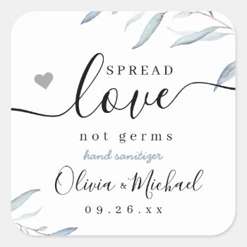 Spread Love Dusty Blue Greenery Wedding Favor Square Sticker by AvaPaperie at Zazzle