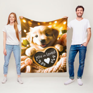 Spread Love: Golden Retriever with "You Are Loved" Fleece Blanket