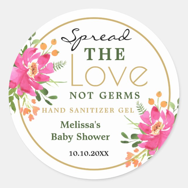 Spread Love Hand Sanitizer Baby Shower Favors Classic Round Sticker (Front)