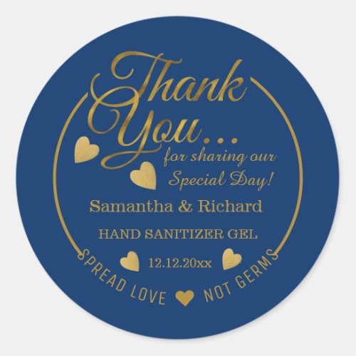 Spread Love Hand Sanitizer Blue Gold Thank You   Classic Round Sticker