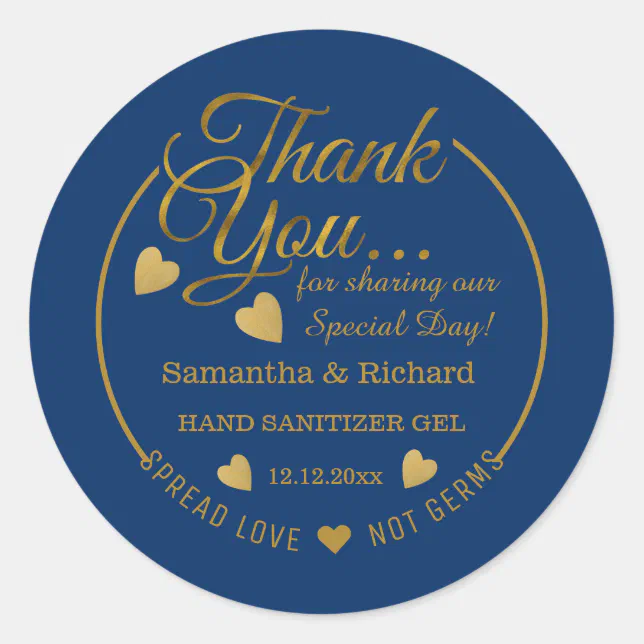 Spread Love Hand Sanitizer Blue Gold Thank You Classic Round Sticker ...