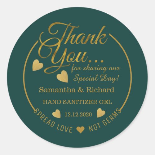 Spread Love Hand Sanitizer Green Gold Thank You   Classic Round Sticker