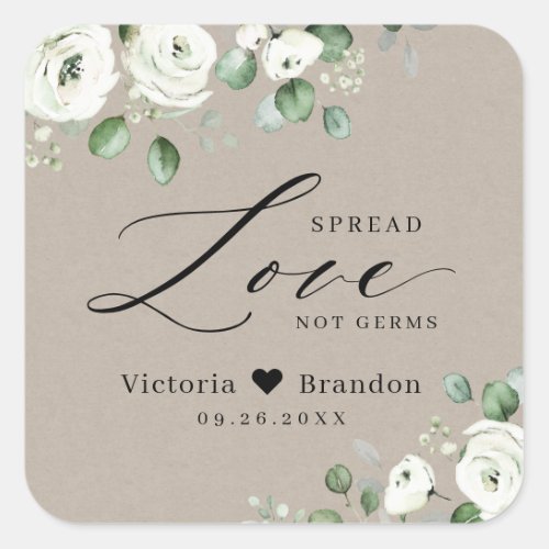 Spread Love Hand Sanitizer Greenery Wedding Favor Square Sticker