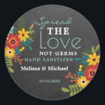 Spread Love Hand Sanitizer Wedding Chalkboard  Classic Round Sticker<br><div class="desc">Rustic spread the love not germs wedding favor stickers for personalized hand sanitizer favors . Rustic chalkboard look favor tags with pretty floral bouquet. Personalize the hand sanitizer favor tags with bride and groom names and wedding date.</div>