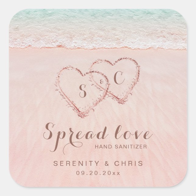 Spread Love Hearts in the sand beach wedding favor Square Sticker (Front)