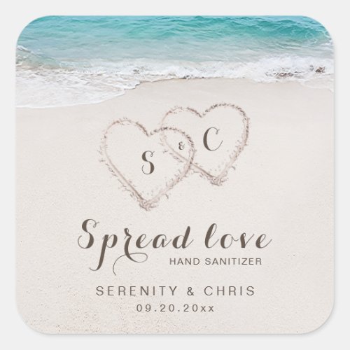 Spread Love Hearts in the sand beach wedding favor Square Sticker