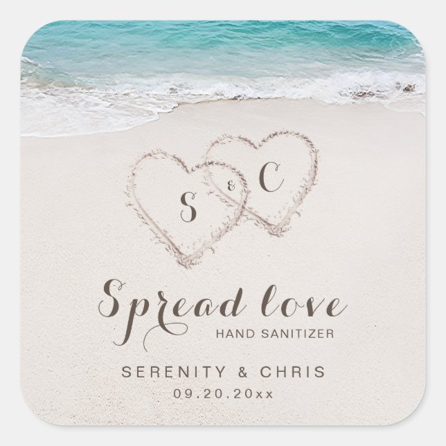 Spread Love Hearts in the sand beach wedding favor Square Sticker (Front)