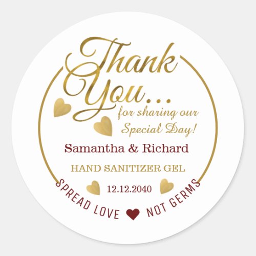 Spread Love Maroon Gold Thank You Sanitizer Favor  Classic Round Sticker