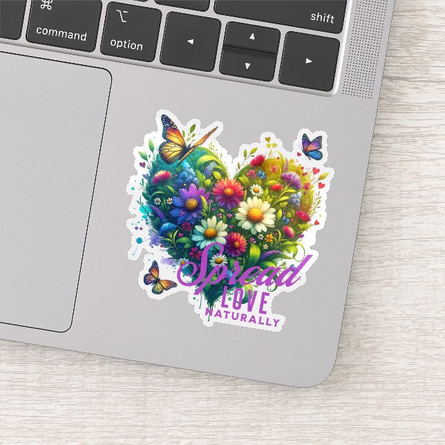 Spread Love Naturally Floral Butterfly Heart Vinyl Sticker (Detail)