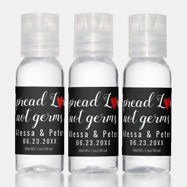 Spread love not germs black wedding favor hand sanitizer (Set)