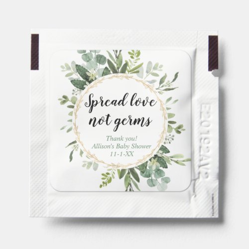 Spread love not germs greenery gold baby shower hand sanitizer packet