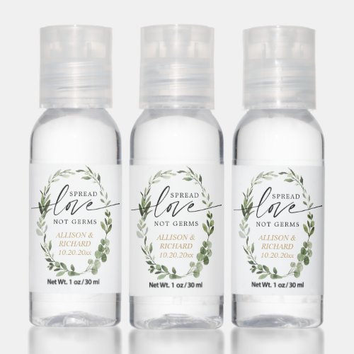 Spread love not germs greenery gold wedding favors hand sanitizer