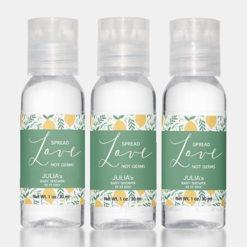 Spread Love Not Germs Lemon Greenery Baby Shower Hand Sanitizer