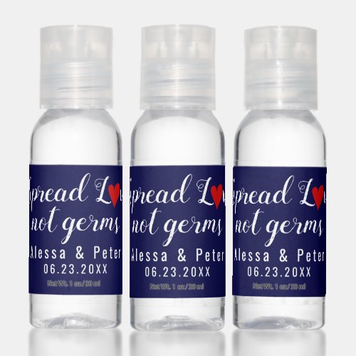 Spread love not germs navy blue wedding favor hand sanitizer