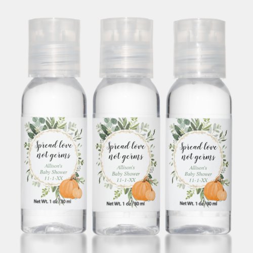 Spread love not germs pumpkin greenery gold favors hand sanitizer