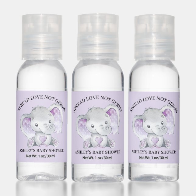 Spread Love Not Germs Purple Elephant Baby Shower Hand Sanitizer (Set)