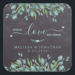 Spread Love Not Germs Rustic Eucalyptus Wedding Square Sticker<br><div class="desc">Spread Love Not Germs Wedding Favor Sticker ! Add a sense of safety and comfort to your wedding while keeping guests comfortable. These rustic chalkboard eucalyptus greenery hand sanitizer stickers are simple yet elegant. COPYRIGHT © 2020 Judy Burrows, Black Dog Art - All Rights Reserved. Spread Love Not Germs Rustic...</div>