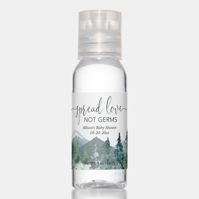 Spread love not germs rustic mountains baby shower hand sanitizer (Front)